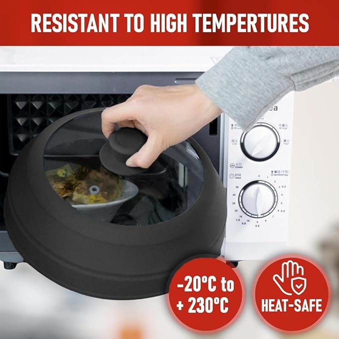 Microwave Splatter Cover Glass for Food - Large 10.8" Tempered Glass & Silicone Lid, Heat Resistant, Splatter Guard with Easy-Grip Handle (Black)