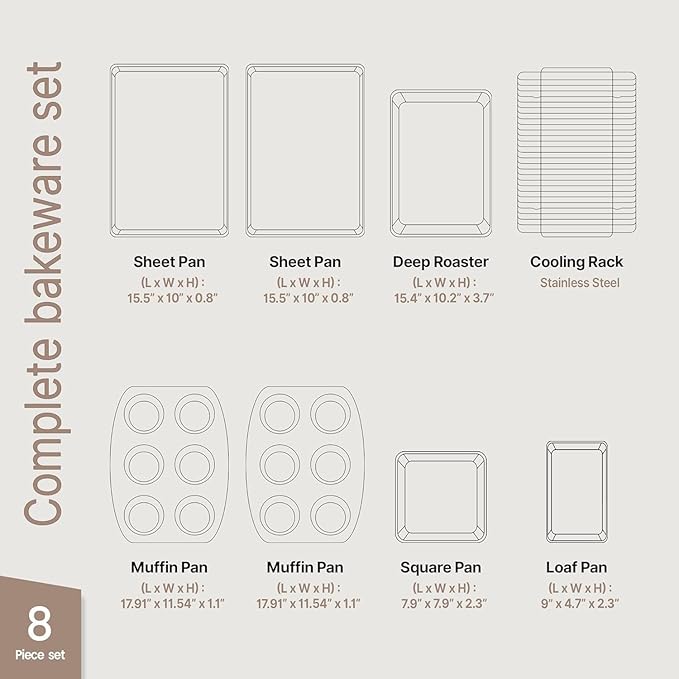 Bakken 8-Piece Stackable Bakeware Set - Ceramic Non-Stick Coating, Baking Sheets, Assorted Baking Pans, PTFE, PFOA & PFOS Free - Healthy Baking, Ergonomic Handles, Cooling Rack, Non-Toxic, Oven-Safe