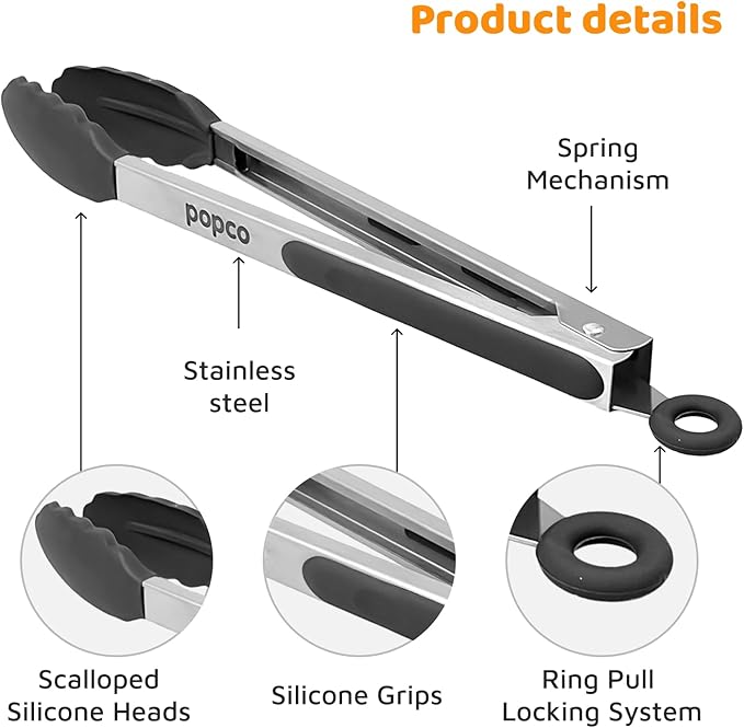 Popco 3-Piece Kitchen Tongs Set – Stainless Steel Heat Resistant Silicone Tips, Strong Comfort Grip, 3 Sizes (7, 9, 12 Inch), Non-Scratch, Dishwasher Safe, for Cooking, BBQ, Salad