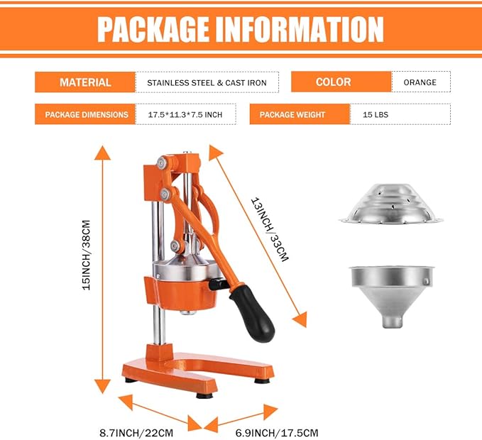 Commercial Heavy Duty Cast Iron Hand Press Manual Orange Citrus Lemon Lime Grapefruit Pomegranate Fruit Juice Squeezer Machine with Stainless Steel Cup