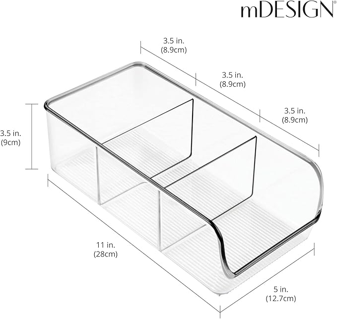 mDesign Plastic Food Storage Bin Organizer with 3 Compartments for Kitchen Cabinet, Pantry, Shelf, Drawer, Fridge, Freezer Organization - Holds Snack Bars - Ligne Collection - 4 Pack - Clear