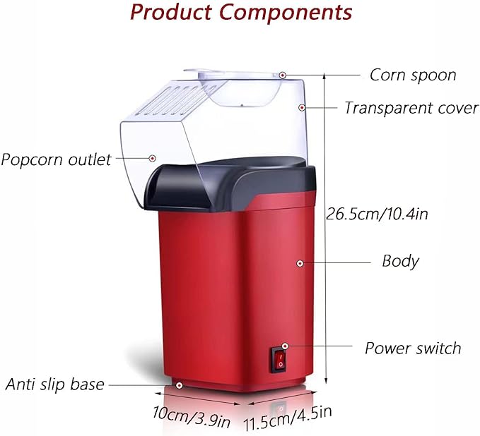 Nostalgia Hot Air Popcorn Popper Maker, 1200W Electric Pop Corner Machine, 16 Cups, 3 Minutes Done, Fully Automatic Healthy No Oil and No Sugar Corn Popcorn Machine (Red)