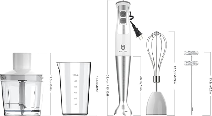 Immersion Hand Blender, UTALENT 5-in-1 8-Speed Immersion Blender with 500ml Food Grinder, 600ml Container,Milk Frother,Egg Whisk,Puree Infant Food, Smoothies, Sauces and Soups - White