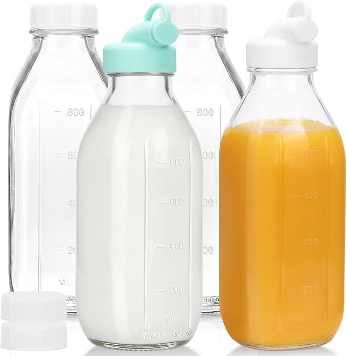 CUCUMI Moretoes 32 Oz Glass Milk Bottle with Reusable Strong Airtight Screw Lid, Reusable Glass Juice Bottles, Water Jug Breast Milk Pitcher, Buttermilk, Nut, Juice, Syrup, Coffee Creamer (4 Pack)