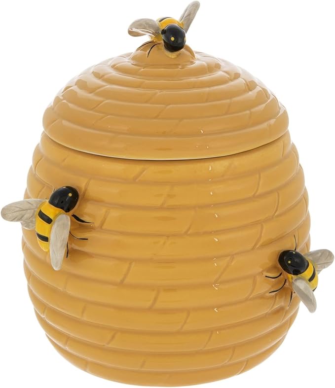 Hobby Lobby Bee Hive Shaped Ceramic Cookie Jar with 3 Bee Figurines, Honey Yellow