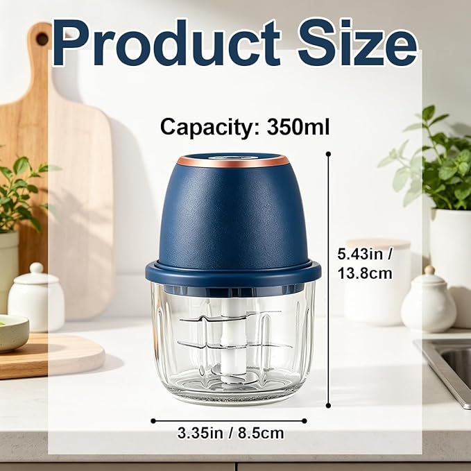 Electric Garlic Chopper, 2026 Upgraded Mini Food Processor 350ml, Cordless USB Rechargeable Food Chopper with 6 Stainless Steel Blades & Thickened Glass for Garlic Ginger Nuts Meat (350ml-Blue)