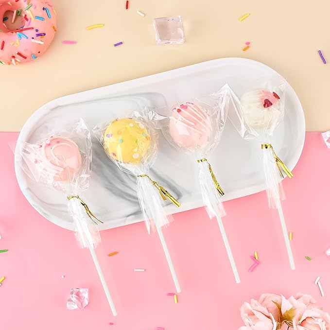 360pcs Cake Pop Sticks and Wrappers Ties Kit, Including 120ct 6-inch Paper Lollipop Stick, 120ct Cake Pop Parcel Bag, 120ct Gold Twist Tie for Candy Making Packaging Supplies