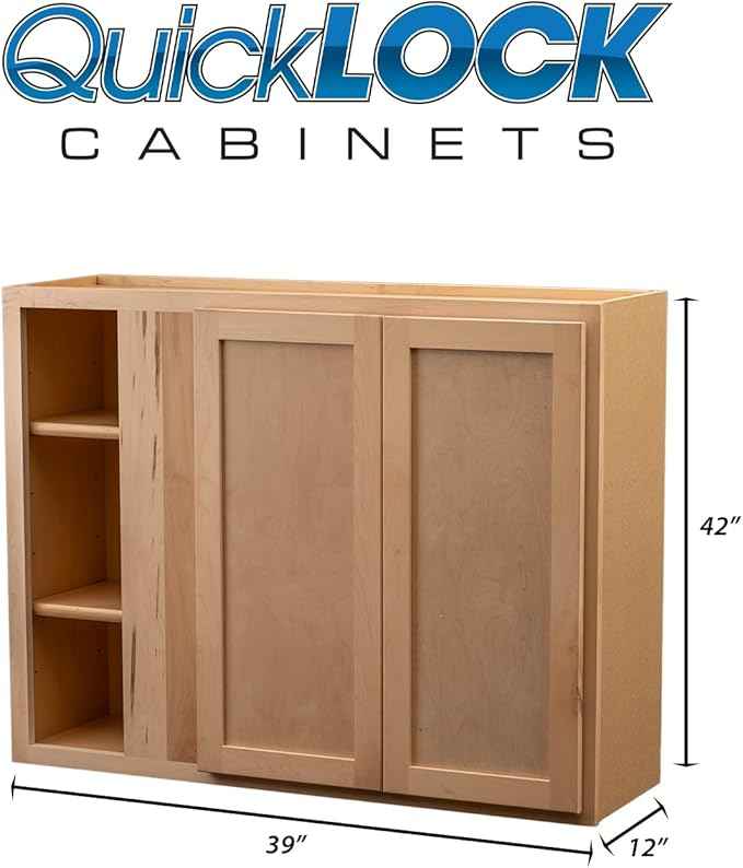 Quicklock RTA (Ready-to-Assemble) 42" Tall Wall Kitchen Cabinets - Shaker Style | 100% Hardwood | Made in America | Soft Close Hardware (12" D x 39" W x 42" H Blind Corner, Raw Maple)
