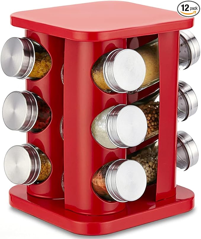 Revolving Spice Rack Organizer with 12 Jars, Countertop Spice Seasoning Rack Tower with 12 Glass Jar Bottles Refillable for Kitchen Cabinet, Stainless Steel, Red