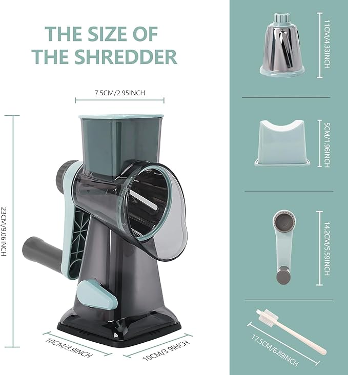 Rotary Cheese Grater Multi-Purpose Stainless Steel Shredder- Cheese Grater With handle Effortless Grating of Vegetables, Nuts and Fruits,with Suction Base and Cleaning Brush (blue)