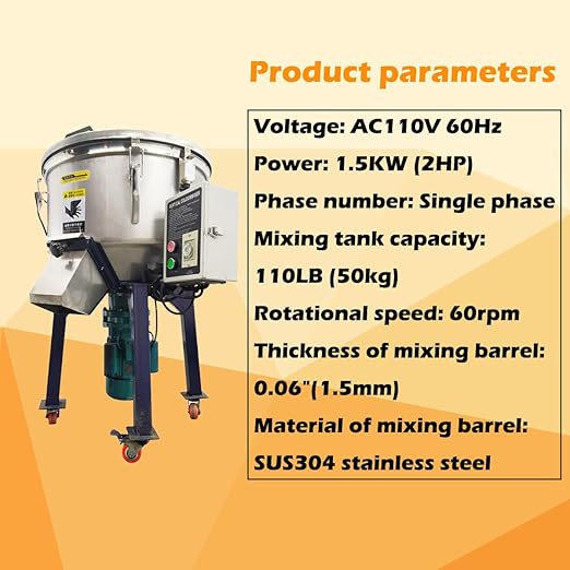 Industrial Blender Mixer Vertical Color Mixer, PP/PVC Pellets Mixer Stainless Steel Industrial Blender Mixer Vertical Color Mixer 110LB, 110V 1.5KW