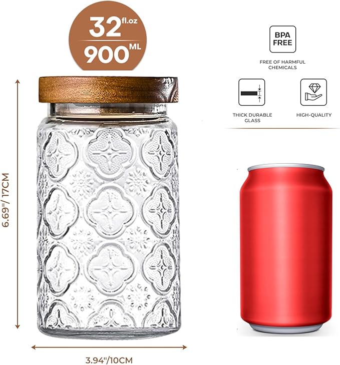 Adodeen 3-Pack 32oz Glass Jar With Airtight Lid,Kitchen Canisters For Countertop,Coffee Sugar Container Set,Pantry Glass Storage Containers For Flour,Candy,Loose Tea,Snack jar