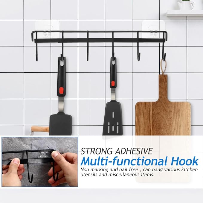 Wall Mounted Kitchen Utensil Rack, No Drilling Iron Hanging Hook for Kitchen Organization, Black, 12.4X2.95In