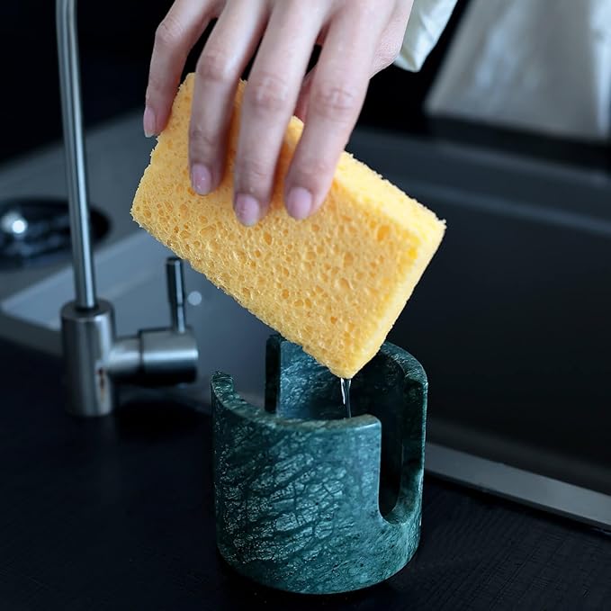 JIMEI Travertine Marble Sponge Holder for Kitchen Counter - Natural Stone Dish Drying Rack, Sponge Caddy for Sink Organizer - Durable & Stylish Kitchen Decor (India Green Marble)