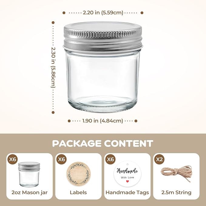 6 Pack Mini Mason Jars 2 oz Glass Jars with Lids, Small Glass Jars for Jam Ginger Shots Honey Spices Wedding Favors, Includes Labels, String & Handmade Tags