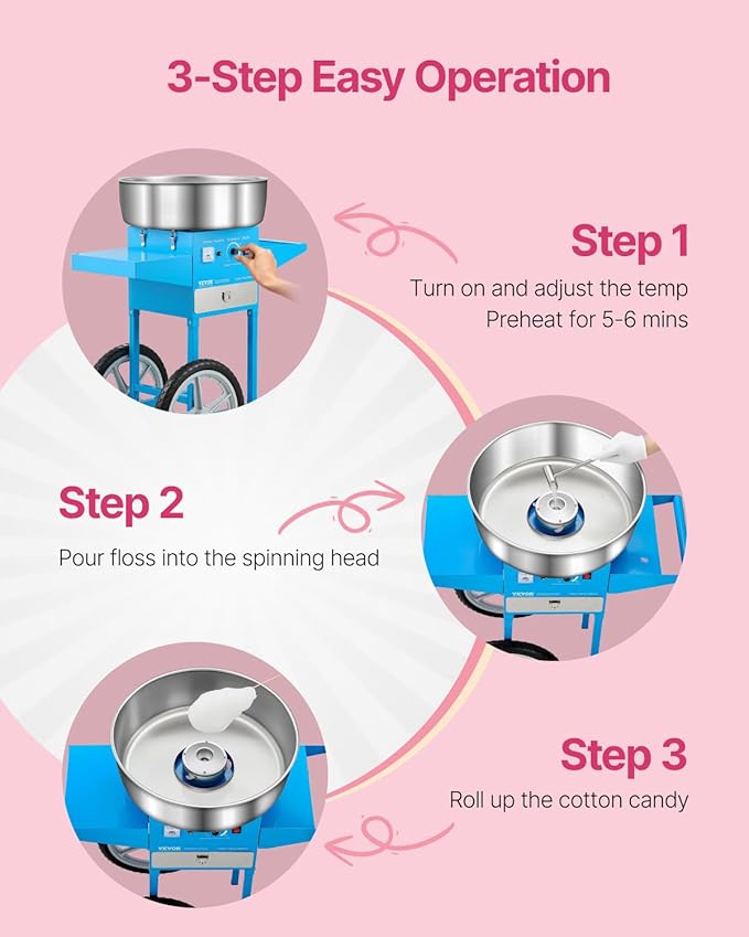 VEVOR Commercial Cotton Candy Machine with Cart, 1000W Electric Candy Floss Maker with 20.5 in Stainless Steel Bowl, Sugar Scoop and Drawer, for Home, Kids Birthday, Family Party, Blue