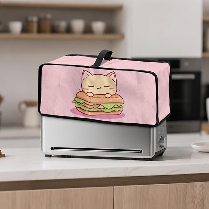 Cute Hamburger Toaster Cover 2 Slice Long Slot 2 Slice Slim Toaster Cover Water-Resistant Folding Small Appliance Covers for Kitchen, Easy to Fold and Store (Pink Cat)