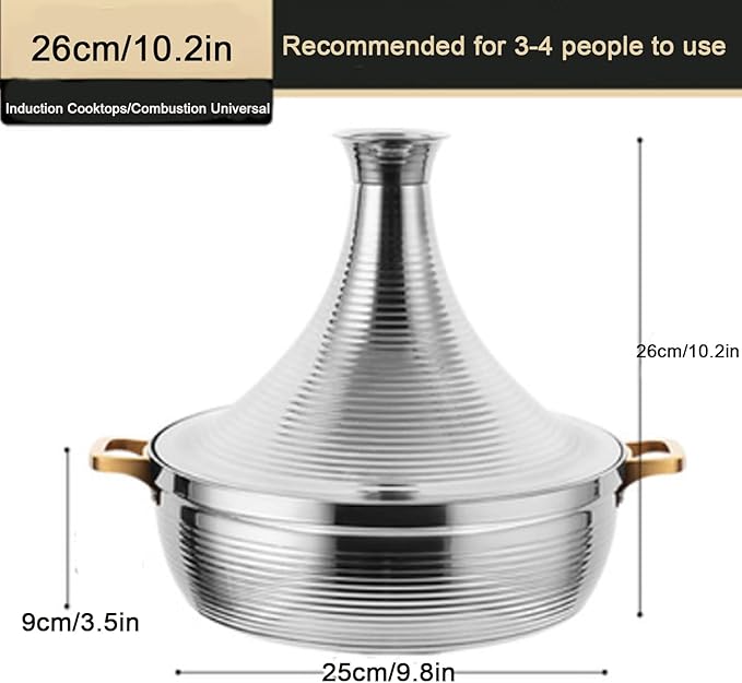 Stainless Steel Moroccan Tagine Pot, Large Moroccan Tajine Casserole with Cone-Shaped Lid, Non Stick Tagine Cooking Pot with 2 Handles(26cm/10.2in, Silver)