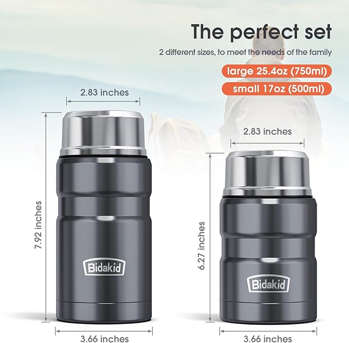 Insulated Food Jar Set – 25.4oz & 17oz Stainless Steel Containers with Folding Spoon and Carrying Bags – Leak-Proof, Keeps Food Hot or Cold for up to 12 Hours – Ideal for Work, School, Travel