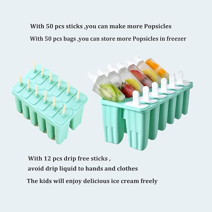 2 Sets of 12 Cavity Silicone Popsicles Molds with Brush 100 pcs Sticks Blue Green