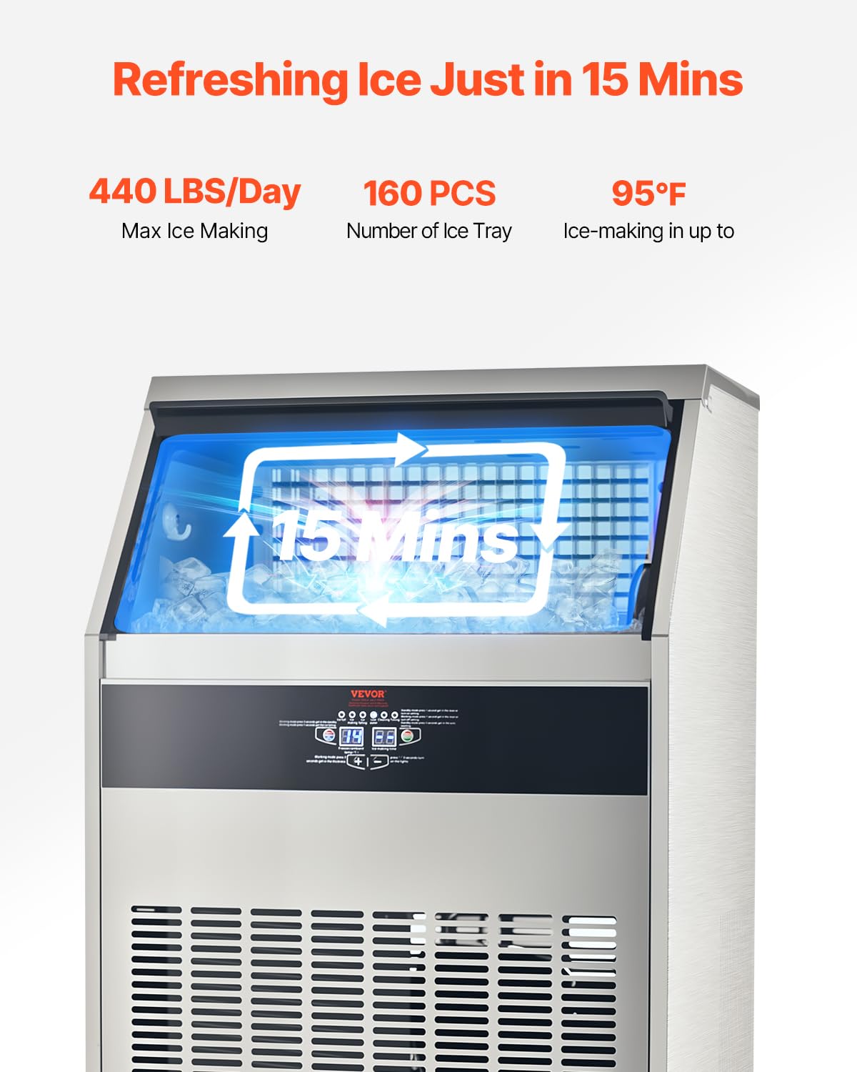 VEVOR Commercial Ice Maker Machine, 440lbs/24H Ice Maker Machine with 110lbs Storage Capacity, 160 Ice Cubes in 15 Minutes, LED Digital Display Freestanding Self-Cleaning for Bar Office Restaurant