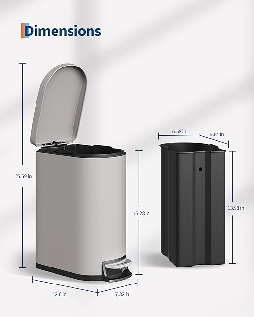 GarveeHome 2.6 Gallon Bathroom Trash Can, Space-Saving Slim Stainless Steel Step-On Garbage Bin with Soft Close Lid, Removable Inner Bucket for Bathroom & Bedroom,Grey