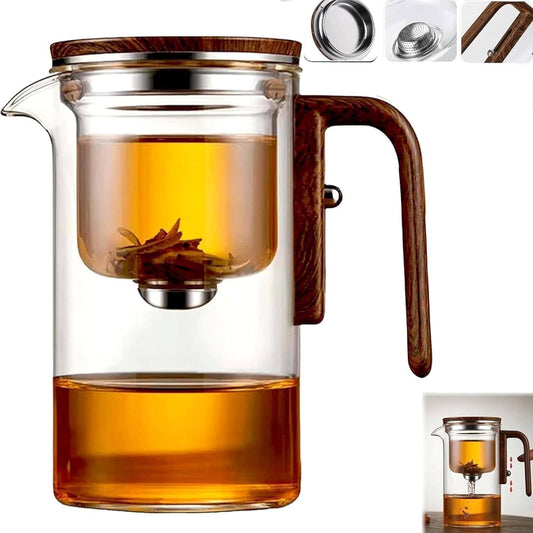 Enchanti Magic Tea Pot, 720ML Water Separation Glass Teapot with Wooden Handle, Press Control Enchanti Tea Infuser with Strainer for Loose Tea Witchcraft Tea Kettle