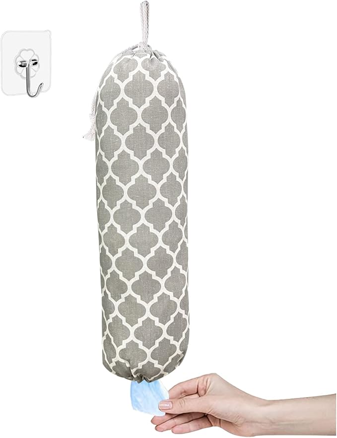SYIPO Wall Mount Plastic Bag Organizer, Shopping Bags Carrier, Washable Large Grocery Bag Storage Dispenser for Home Kitchen Travelling, Free Adjustment with Drawstring (Grey Lantern)