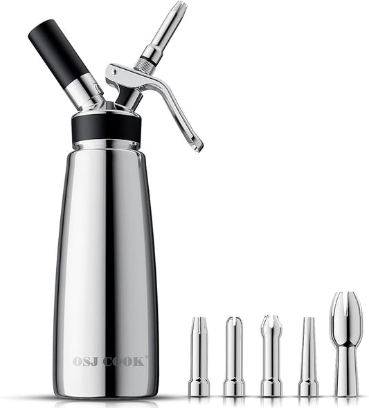 OSJCOOK Whipped Cream Dispenser Stainless Steel Cream Whipper Mirror Finish,500 mL/1 Pint Professional Cream Maker,5 Various Stainless Decorating Nozzles,1 Cleaning Brush,N2O Chargers NOT included