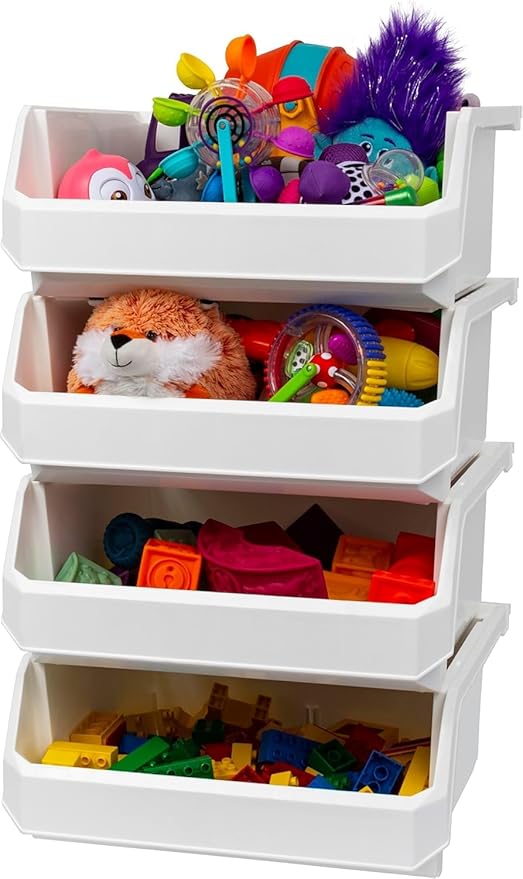 Plastic Containers for Organizing and Storage Bins for Closet, Kitchen, Office, Garage or Pantry Organization, Stackable Bins, Extra Large (14.8" x 16.5" x 7"), 4-Pack, White