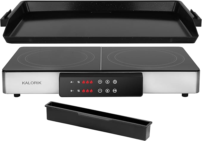 Kalorik Electric Griddle & Double Burner Cooktop MAXX Series 2-in-1 Cooker 22-Inch Cooking Surface 500F Max Temperature Teppanyaki Griddle Plate, 1800-Watts, Stainless Steel