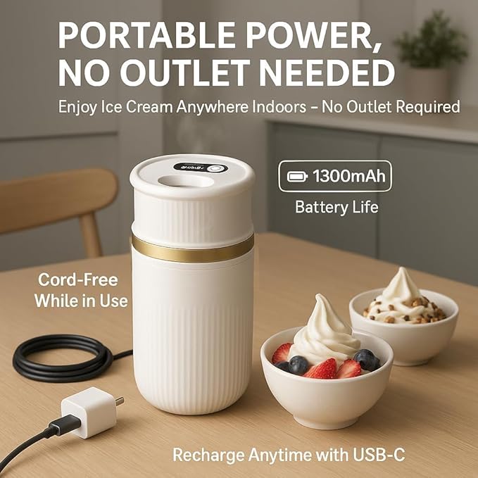 USB-C Rechargeable Portable Ice Cream Maker 0.4 Qt,Cordless Gelato, Sorbet & Frozen Yogurt Machine, Mini Homemade Dessert Maker for Couples, Dorm Kitchens & RVs, Gift-Ready in 15–30 Minutes(Gold)