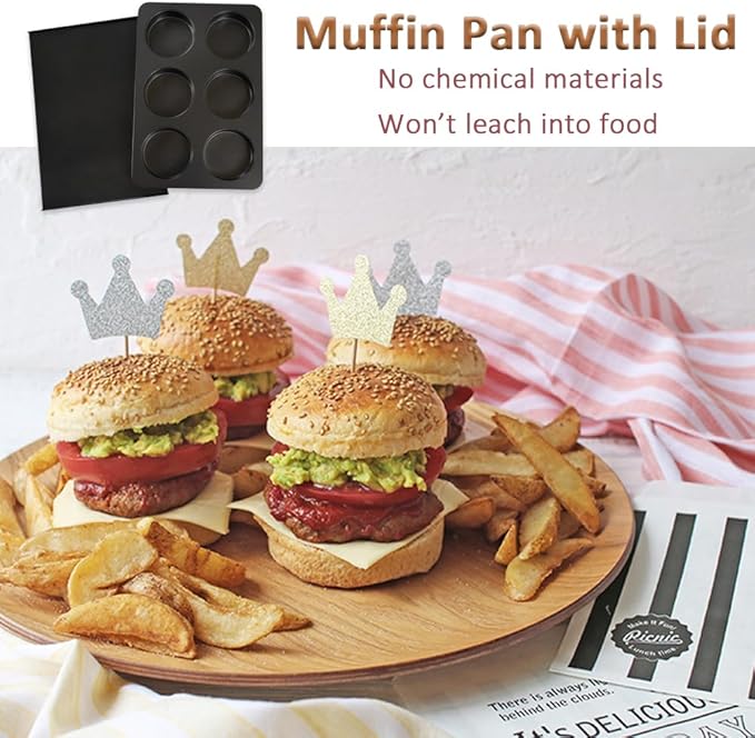 2 Pcs Muffin Pan with Lid, 3.6 Inch Non-Stick 6 Cup Straight English Muffin Top Pan Baking Mold, Hamburger Bun Pan for Baking Egg Sandwich Frittata Cinnamon Roll