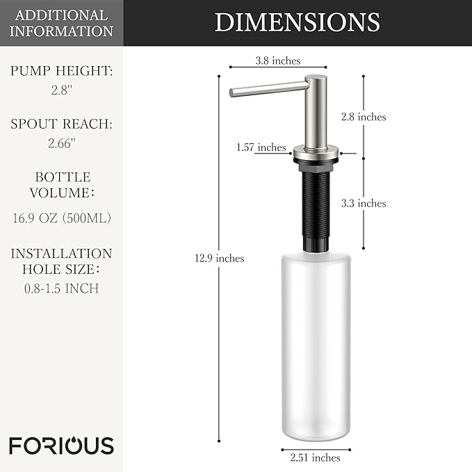 FORIOUS Soap Dispenser for Kitchen Sink, Stainless Steel Liquid Dish Soap Dispenser Pump with Top Refill 17oz Soap Bottle, Brushed Nickel Built in Sink Lotion Dispenser for Kitchen Countertop