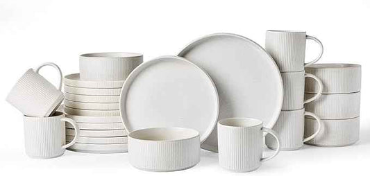 famiware Star Dinnerware Set with Mugs, Service for 6 (24 Pieces), Ribbed Stoneware Plates and Bowls Dishes Sets - Chip & Scratch Resistant, Microwave & Dishwasher Safe, Matte White