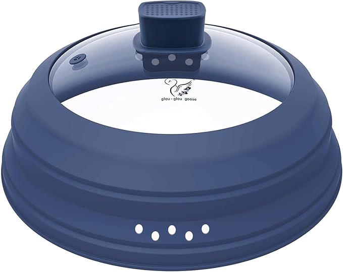 Tall Microwave Splatter Cover Glass Cover Guard Lid 5.8 inch Height with Collapsible Silicone for Food Pot Plate 8.5 inch Dark Blue