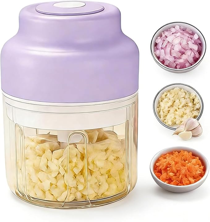Electric Garlic Chopper Mini, Upgraded Rechargeable Veggie Chopper With Storage and Cover, One-Touch Food Processor with 4 Stainless Steel Blades for Onion Meat Chili Ginger (Purple, 320ml)