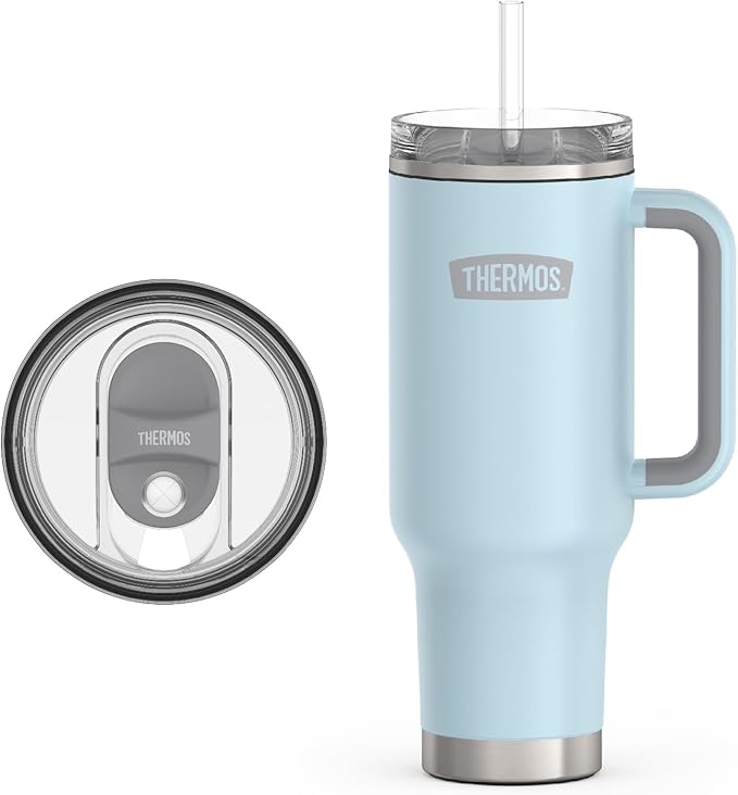 THERMOS Stainless Steel Cup Holder Mug - 40 Ounce, Glacier - Insulated Tumbler with Lid and Straw, Plus Leak-Resistant Slide Lock