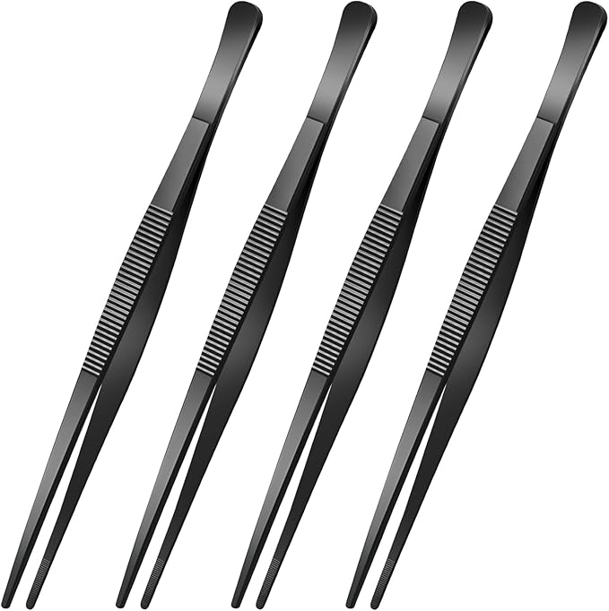 Yaomiao 4 Packs 10 Inch Bar Tweezers Black Cocktail Tongs Long Garnish Tweezers Stainless Steel Bartender Kitchen Cooking Tongs for Cocktail Food Fruit Korean BBQ Bartender Chef, Multi-use