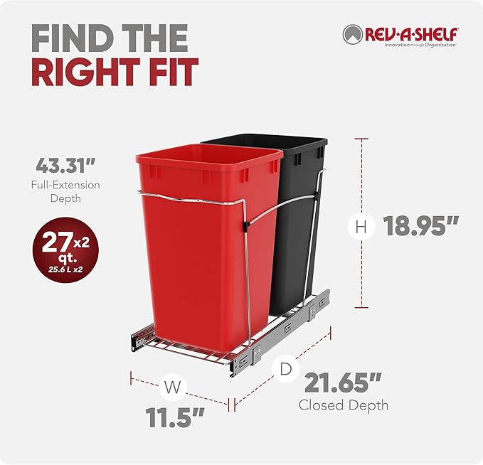 Rev-A-Shelf Pullout Trash Can for Kitchen Cabinets 27 Qt Garbage Recycling Bin with Full Extension Slides, Red/Black, RV-15KD-1618C-S