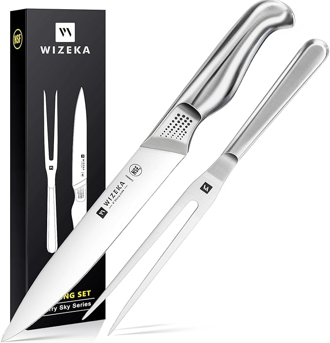 WIZEKA 8-inch Turkey Carving Knife Set 2 PCS,Stainless Steel Carving Knife and Fork Set,Extremely Sharp and Pointed Carving Sets for Meat with Gift Box