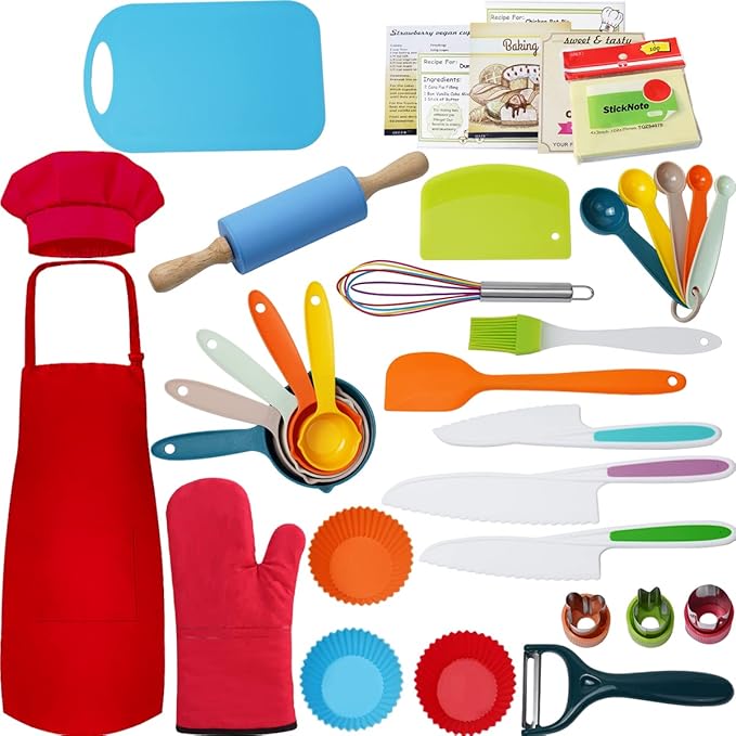 Kidz Cooking and Baking Supplies Set with Gift Storage Box, Complete Junior Chef Cooking Kit, Girlz & Boyz Childrenz Real Bakeware Accessories, Real Cookware and Baking Utensils Sets for Kidz