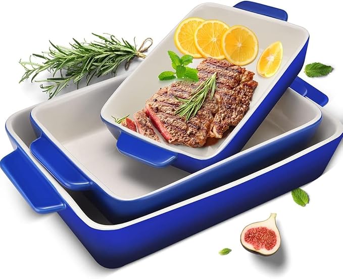 3Piece Casserole Dish Ceramic Baking Dish Rectangular Baking Dishes for Oven Ceramic Bakeware with Handles Durable Nonstick Large Lasagna Pan for Cooking, Baking, 10'' x 7'', Gradient DarkBlue