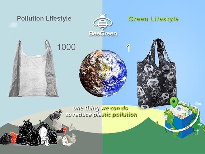 BeeGreen Turtle Reusable Grocery Bags Frog Elephant Penguin Jellyfish Shopping Bags Bulk 50LBS X-Large Heavy Duty 6 Pieces