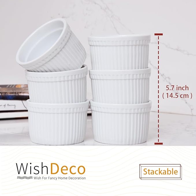 WishDeco Ramekins Set of 6, Creme Brulee Ramekins 7 oz, White Dipping Sauce Dishes, Porcelain Ramekin Bowls for Baking, Souffle, Custard Pudding, Cake, Oven Safe