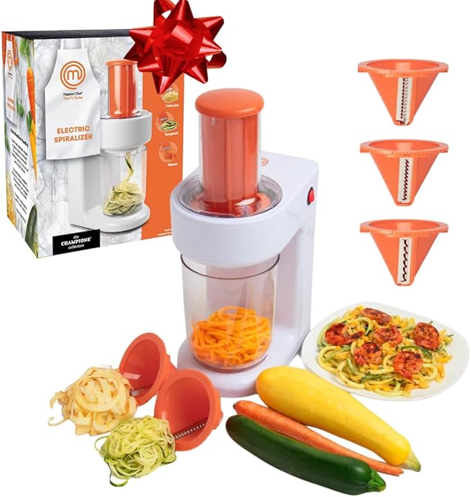 MasterChef Electric Spiralizer- 3-in-1 Vegetable Noodle Pasta Maker- Homemade Low Carb, Keto, Vegan, Gluten Free- Zoodle Zucchini Veggie Slicer & XL Hopper, FREE Recipes- Quick Healthy Meal Prep Gift