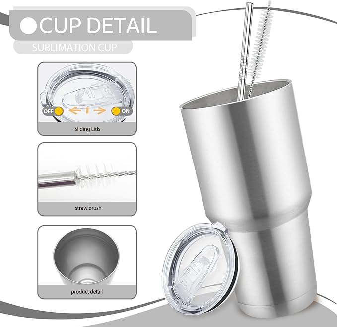 YOUKE OLA 8 Pack Stainless Steel Insulated Tumbler with Lids and Straws Bulk Double Wall Vacuum Insulated Coffee Travel Tumbler for DIY Gift (Silver, 30oz)