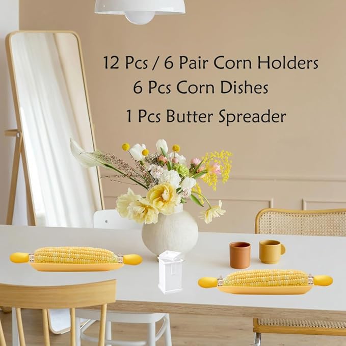 Corn Dishes and Corn Holders Set Kits, PEOUWNES Corn on The Cob Holders, Corn Cob Holders Skewers BBQ Twin Prong Holders, Includes 12 Stainless Steel Corn Holders, 6 Corn Trays and Butter Spreader
