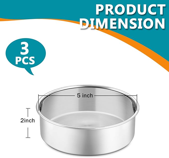 P&P CHEF 5 Inch Round Cake Pan Set of 3, Stainless Steel Round Baking Layer Pans Bakeware for Layer Birthday Cake, Fit Oven/Pots/Pressure Cooker, Leakproof & Dishwasher Safe, Silver