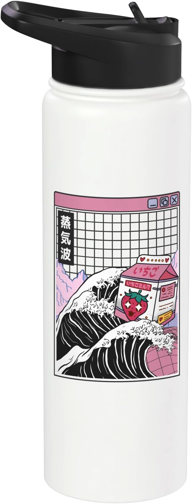Strawberry Milk Carton Great Wave Kawaii Vaporwave Anime Stainless Steel Insulated Water Bottle